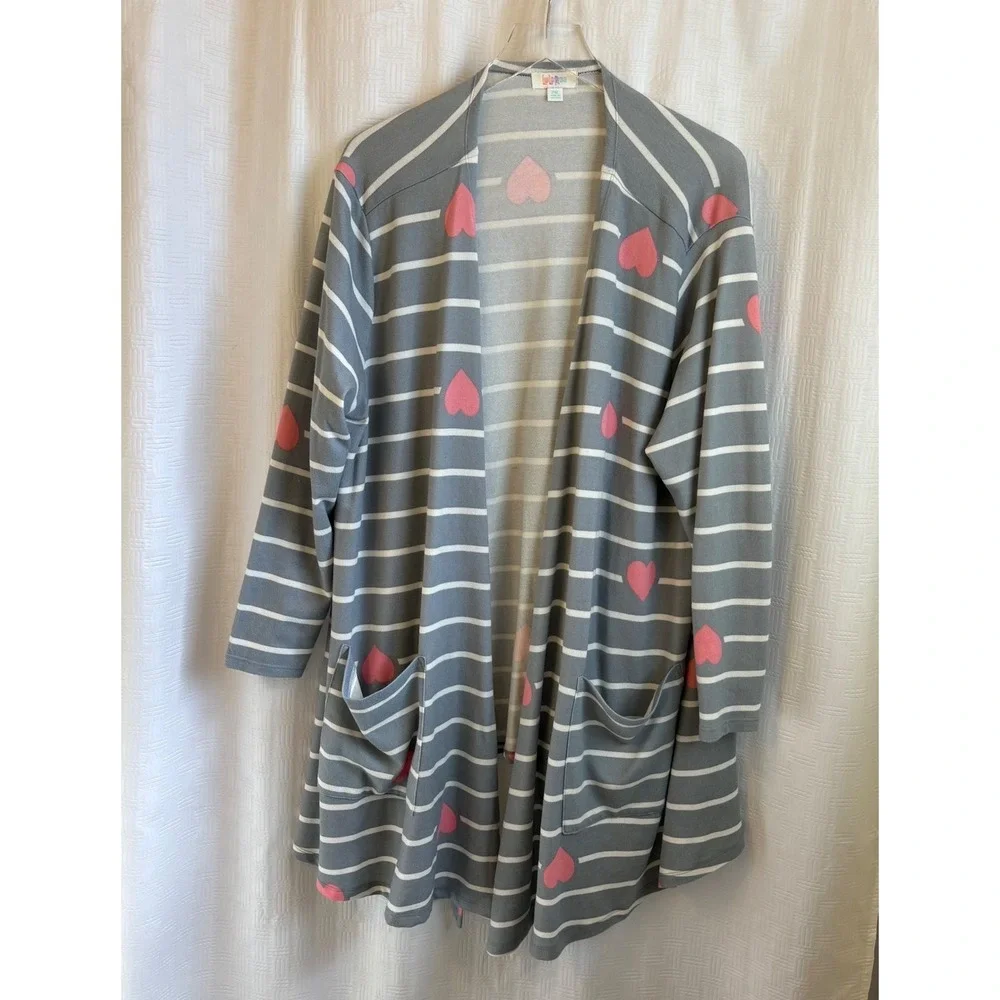 LuLaRoe Caroline Cardigan Sweater 2XL Grey White Striped Pink Hearts Open Front